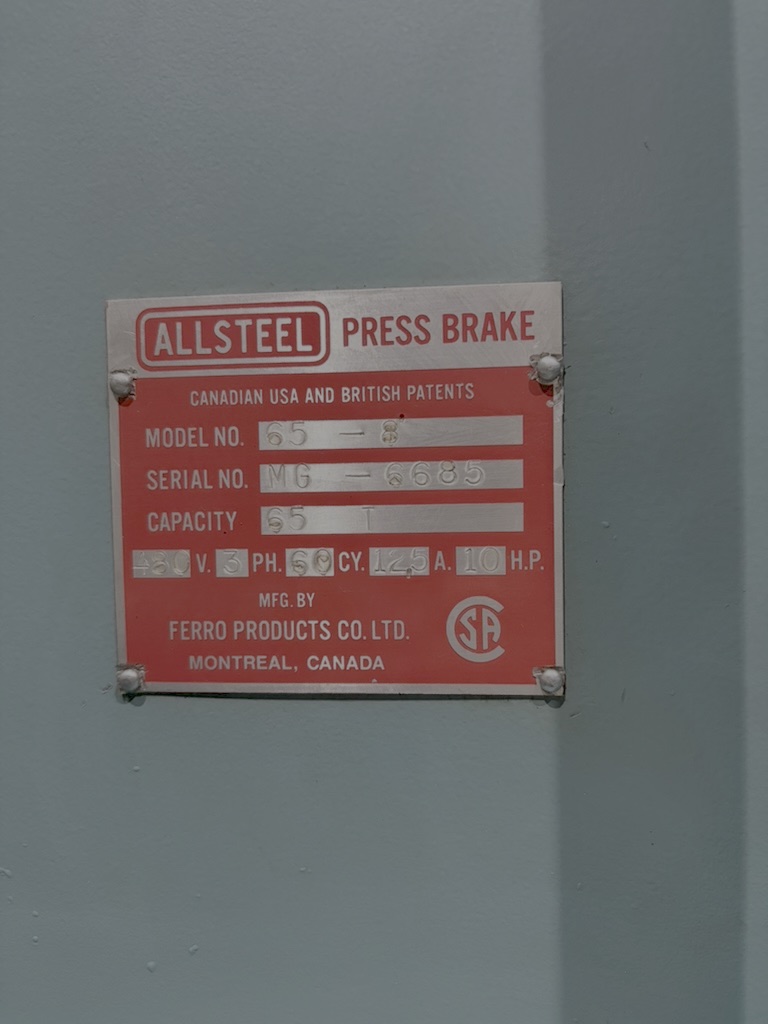 65 Ton X 8' Piranha Allsteel 68-8 Press Brake Press Brake